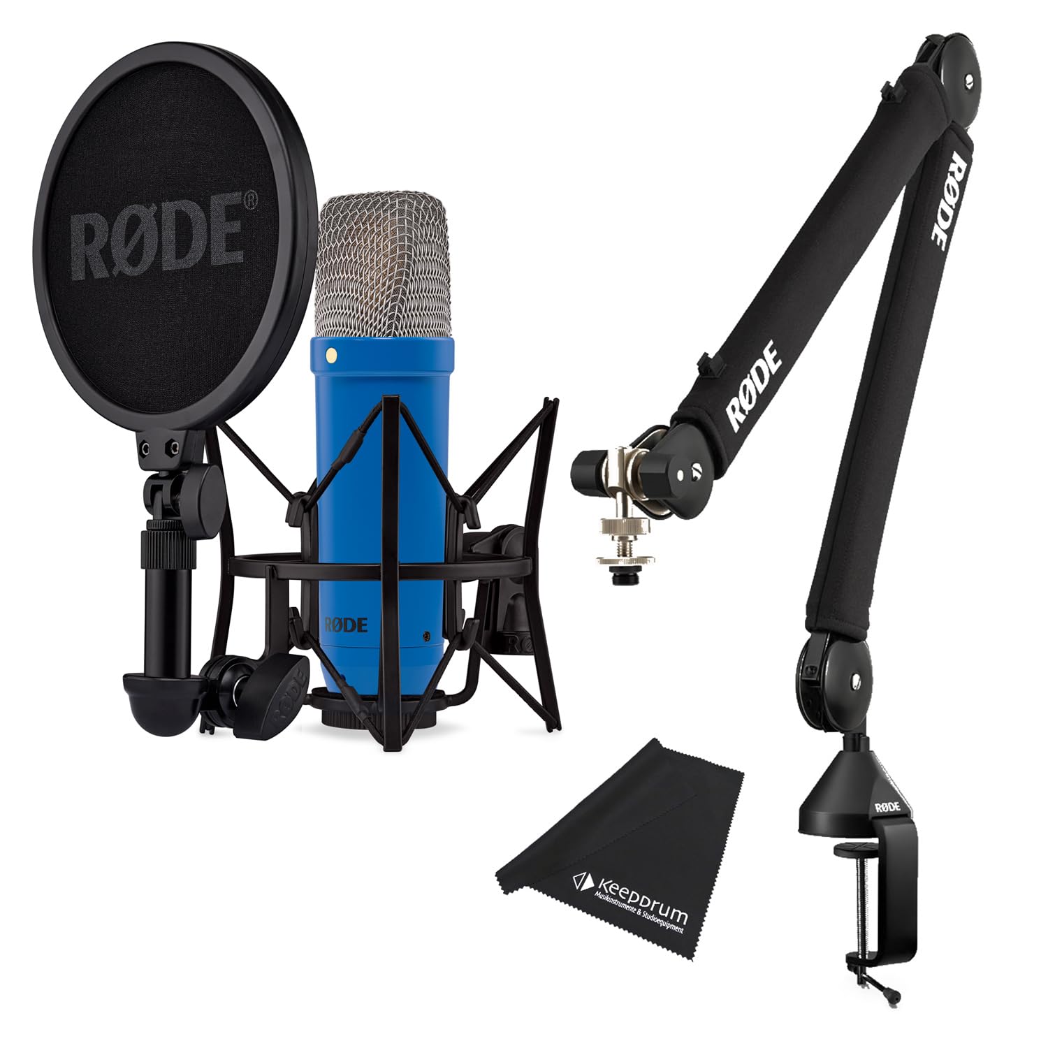 Rode NT1 Signature Cobalt - Micrófono de estudio azul cobalto con brazo articulado PSA-1+ y paño de microfibra Keepdrum