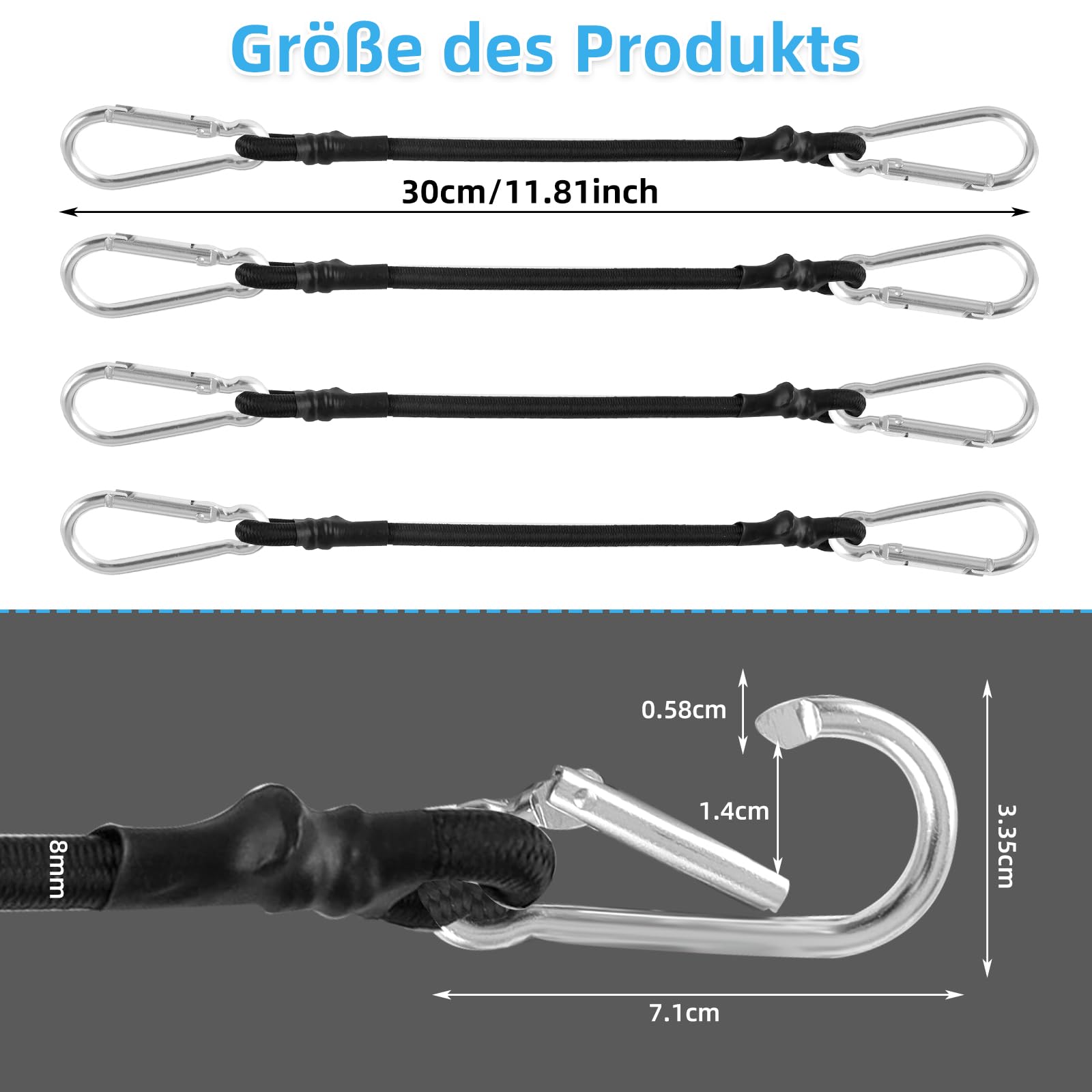 Lot De 8 Tendeurs En Caoutchouc Réglables Avec Mousqueton - 30/60/100 Cm - Pour Voiture, Camping, Bâches, Bagages - 3