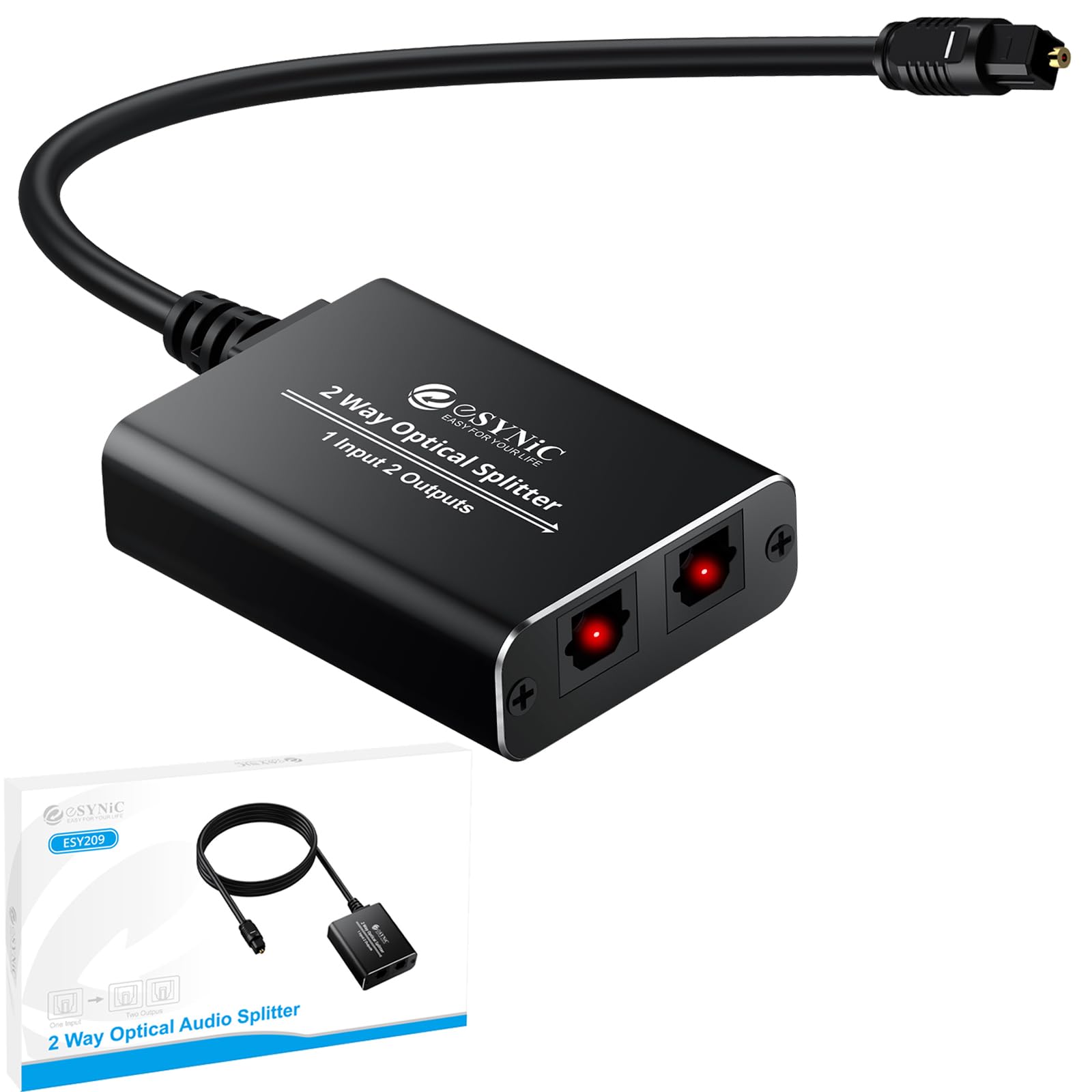 eSynic Portable Optical Audio Splitter 1 in 2 Out Extra Long 1M/3ft Optical Cable Audio Splitter Aluminum Alloy 2 Way SPDIF Toslink Optical Splitter Supports PCM2.0/DTS/Dolby-AC3 for Soundbar HDTV etc