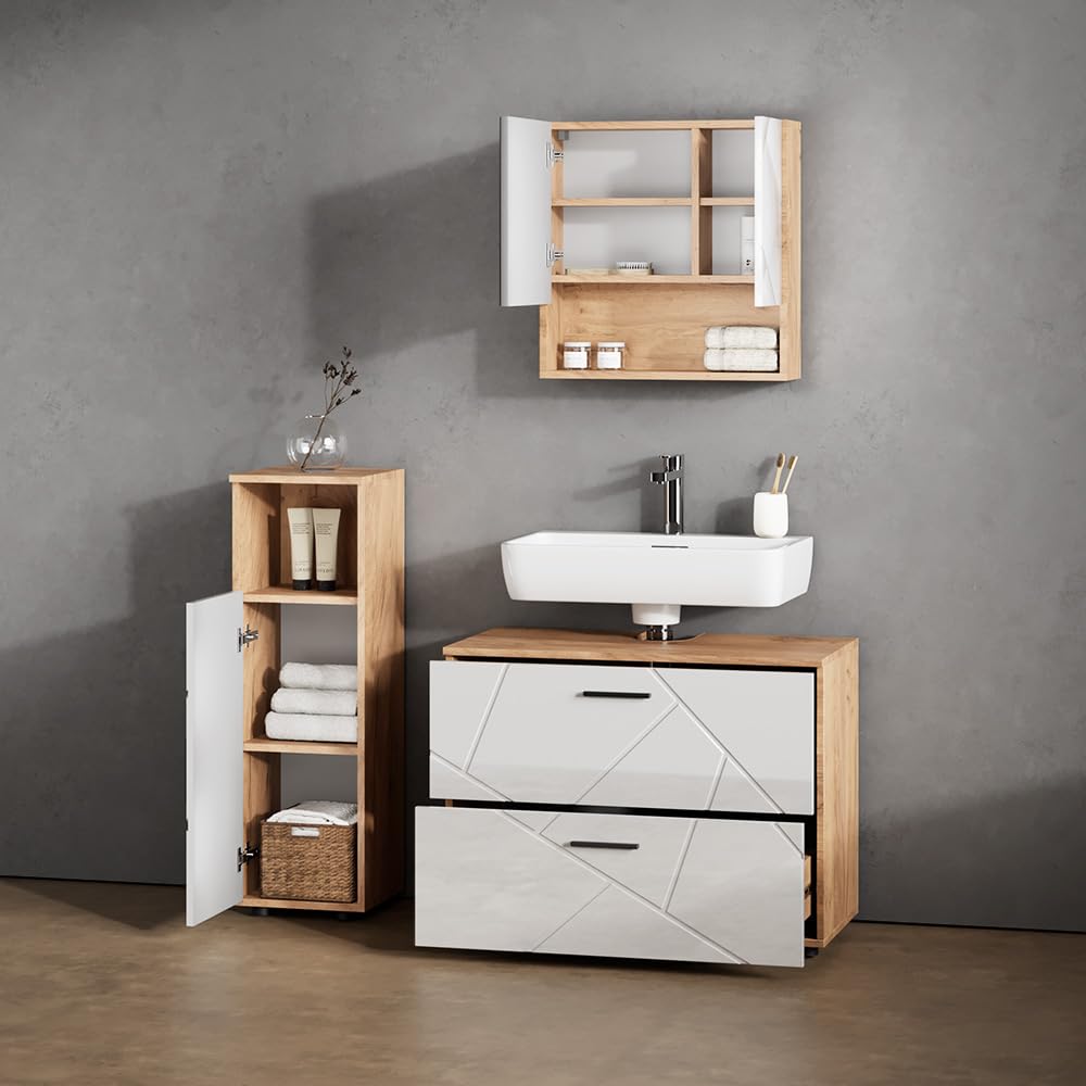 Livinity Armario Mediano Ronco Blanco Brillo Intenso/Roble Dorado 30x95 cm