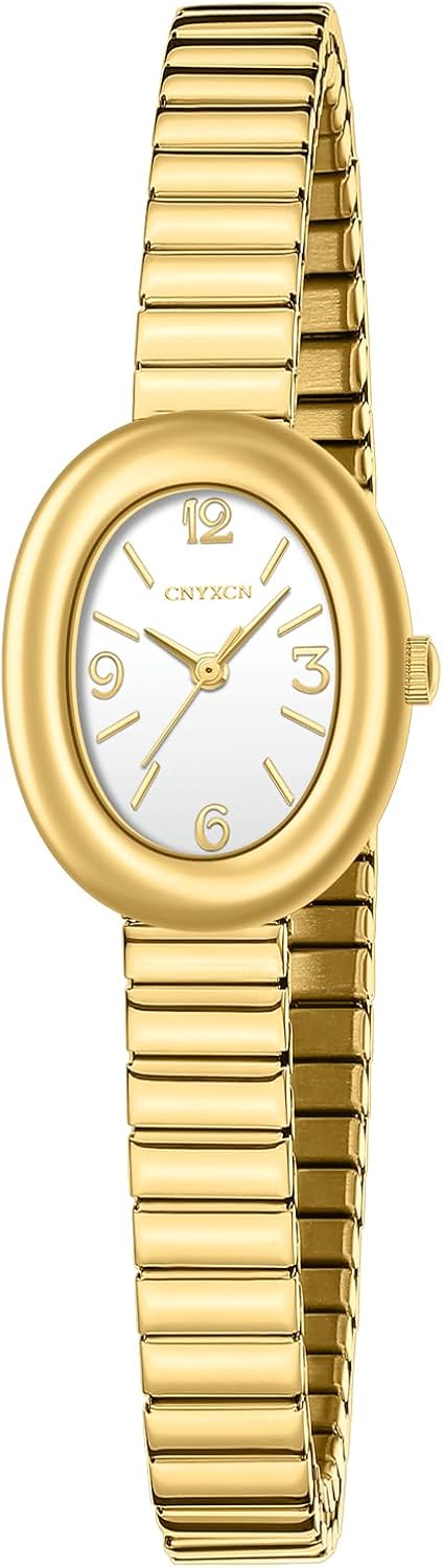 CNYXCN Small Gold Watches for Women,Analog Womens Watch with Stainless Steel Expansion Band,Dainty Oval Case.Water Resistant