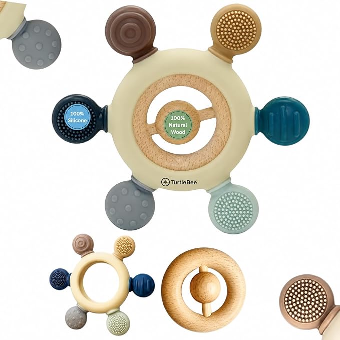 TurtleBee Baby Teether Toy for 3-12 Months | Food Grade Silicone & Natural Neem Wood Teething Toy | BPA-Free Sensory Teether with 6 Textures | Easy Grip Toy for Infants & Babies