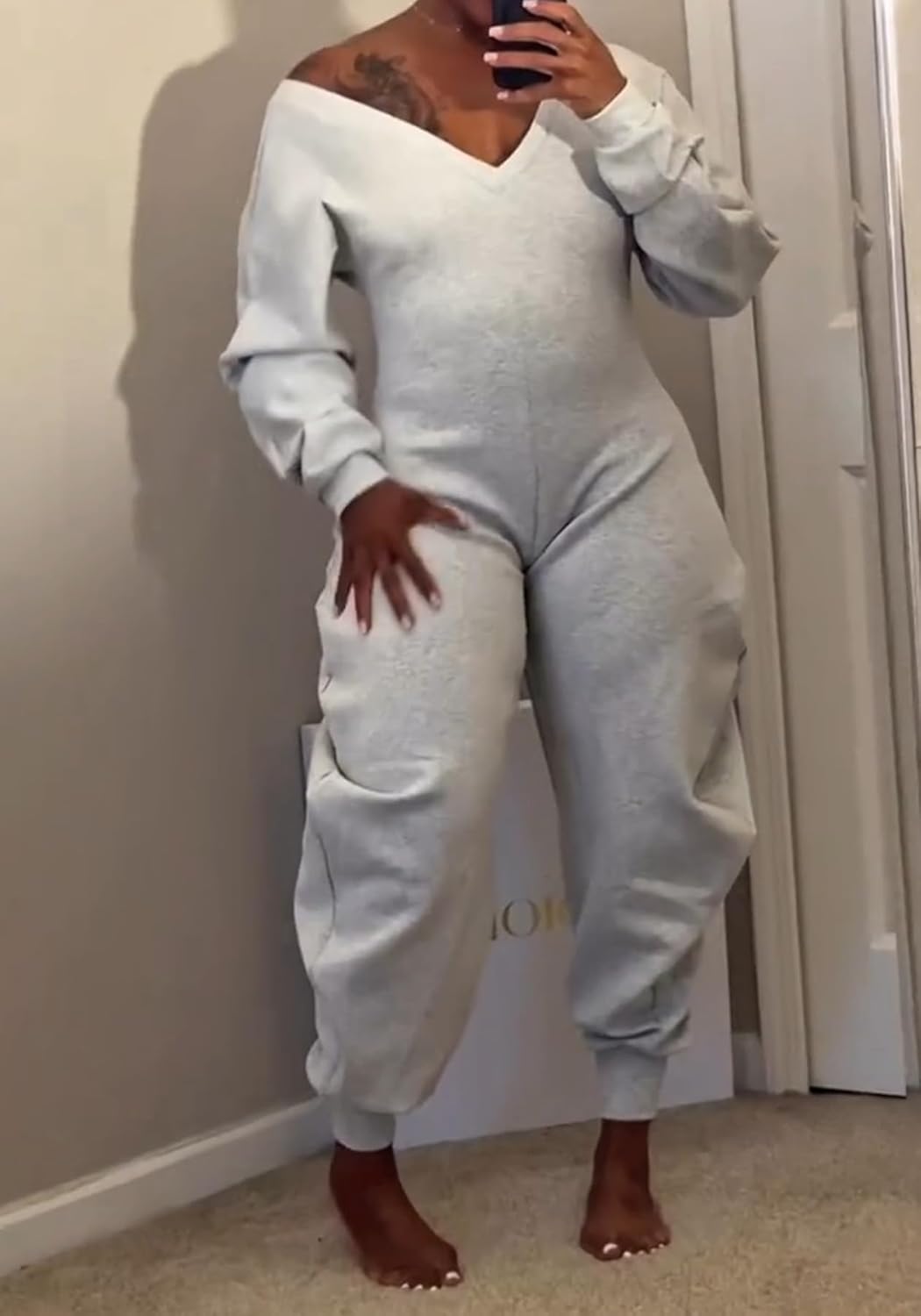 Famnbro Womens Fall Jumpsuits V Neck Off Shoulder Long Sleeve Solid Wide Legs Sexy Casual One Piece Jumpsuit - Image 4