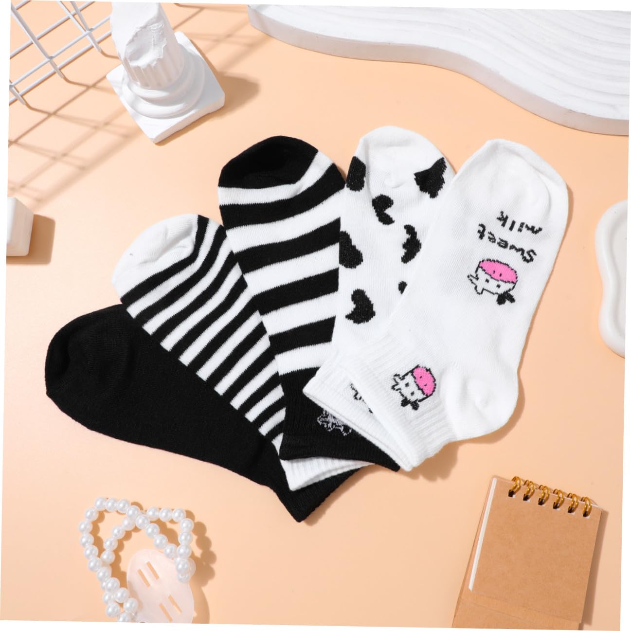 5 Pares Calcetines Cortos Mujer Algodón Estampado Vaca Diseño Divertido Transpirable para Estudiantes y Diario