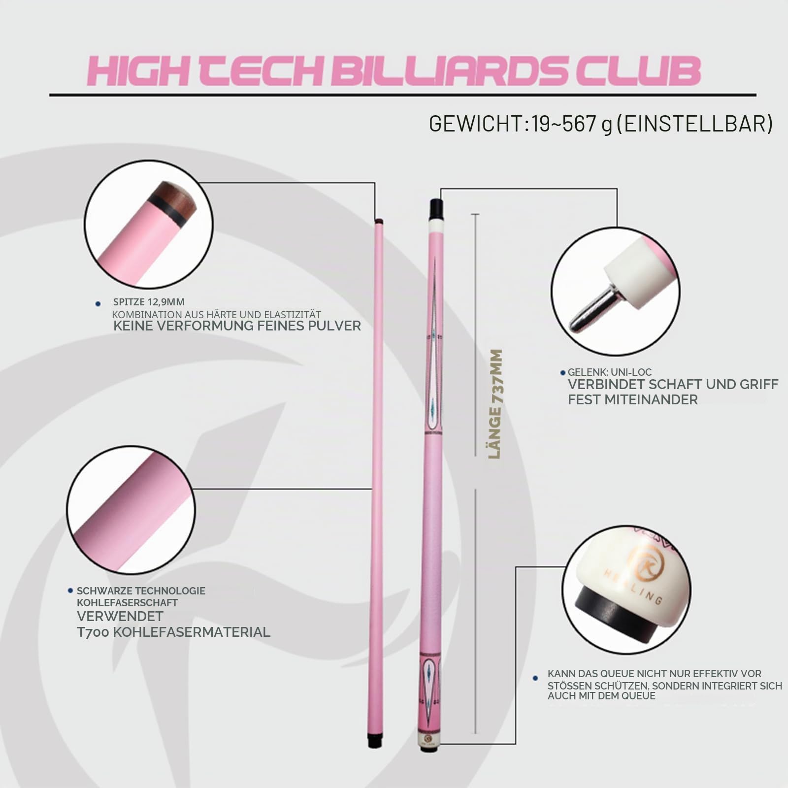 OKHEALING T700 Damen-Billardqueue, 12,9 mm, 1/2 Gelenk, professionelles Snooker-Queue, für Anfänger und Fortgeschrittene, 2 Stück