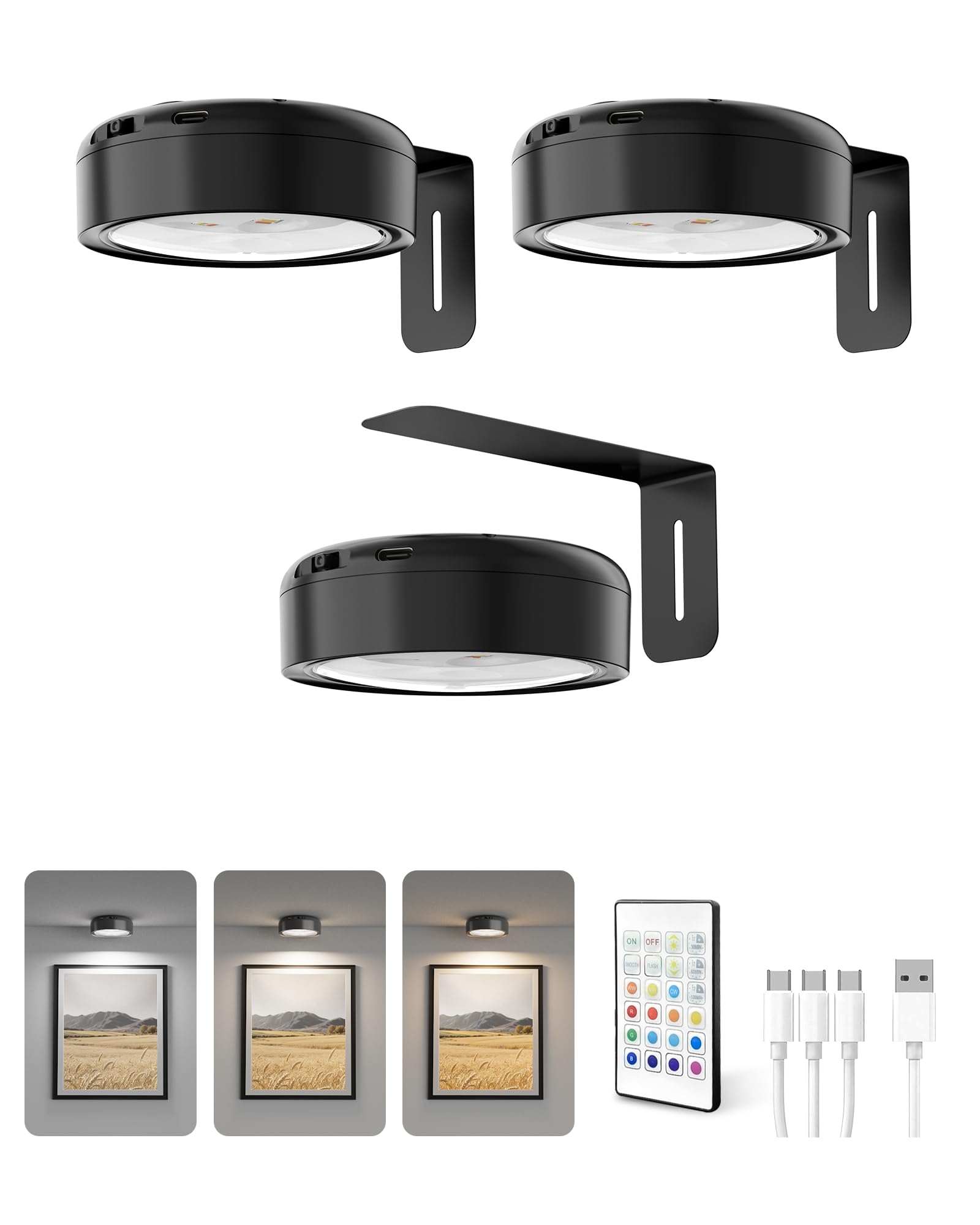 Homelist Bilderleuchte Kabellos mit 2200mAh Akku, Bilderlampe mit 12 RGB-Farben, 3 Farbtemperaturen, Dimmbar, Fernbedienung, Bildbeleuchtung Kabellos für Galeriewand, Vitrinen, Schwarz, 3 Stück