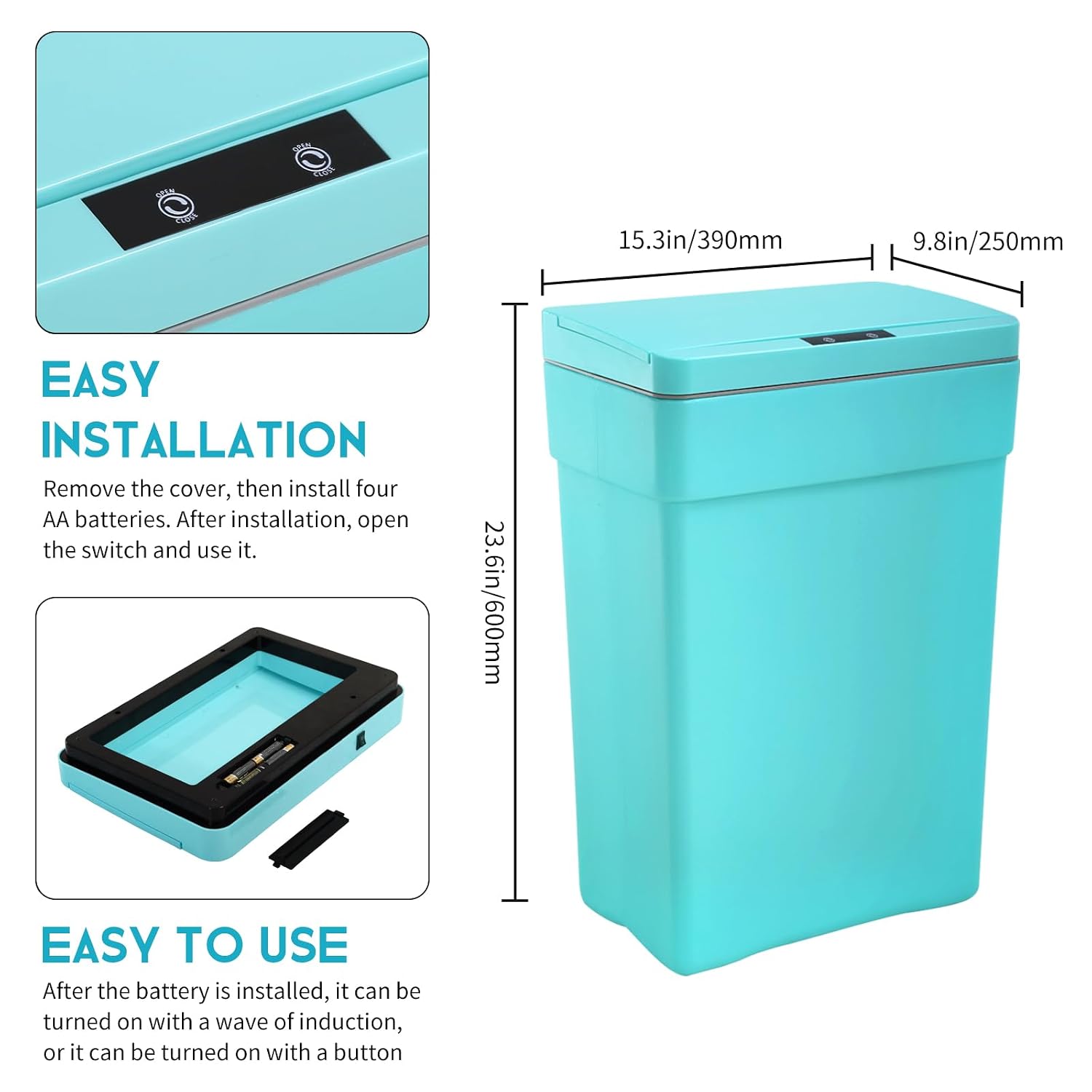 13 Gallon Trash Can Plastic Kitchen Trash Can Automatic Touch Free High-Capacity Waterproof Garbage Can with Lid for Bedroom Bathroom Home Office 50 Liter Blue