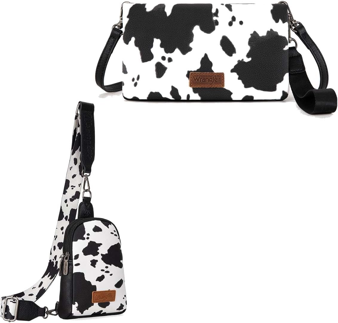 Wrangler Cow Print Sling Bag Cross Body Purse & Women Wristlet Wallet Small RFID Bifold Crossbody Wallets