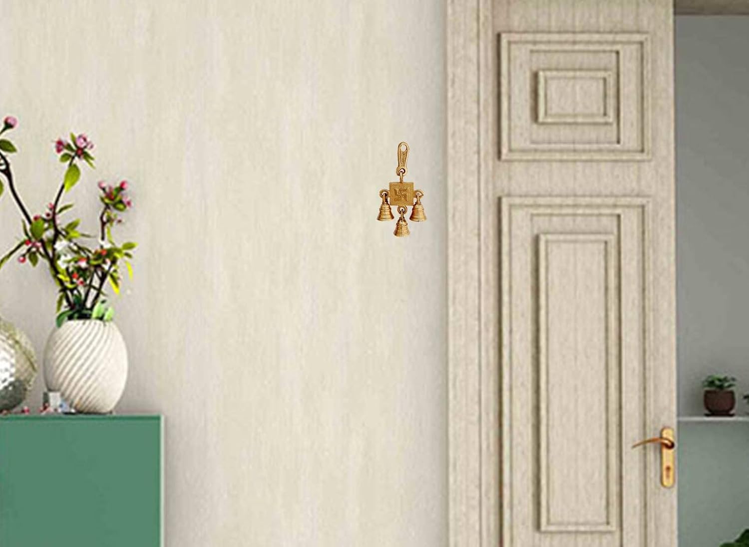 Purpledip Brass Wall Door Hanging with Bells: Sathiya, Holy Symbol (12419B)