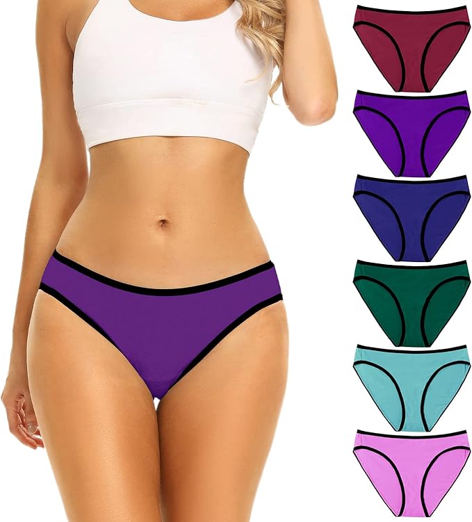 POKARLA Women's Hi-Cut Bikini Panties Soft Stretch Cotton Underwear Hipster Ladies Briefs 6-Pack(Regular & Plus Size)