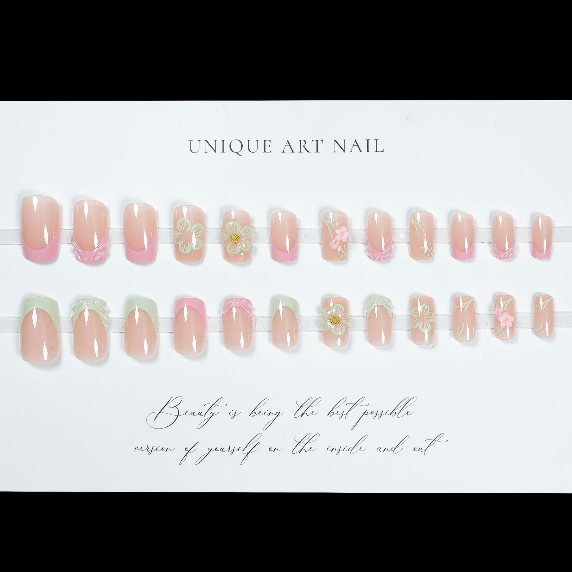 Press on Nails krótkie paznokcie, kwadratowe, zielone, różowe, francuskie kwiaty, paski 3D, wzór kwiatowy, sztuczne paznokcie z klejem do paznokci, zielone różowe tipsy, falowane kwiaty