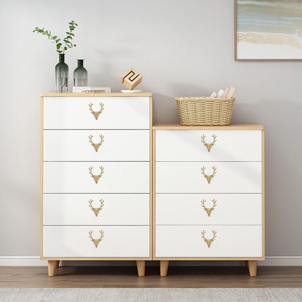 Deer Cabinet Knobs 4 Pack，Vintage Animal Elk Drawer Knobs Handle for Dresser Wardrobe Cupboard Kitchen Furniture Decorative Hardware Single Hole Metal Pulls (Gold)