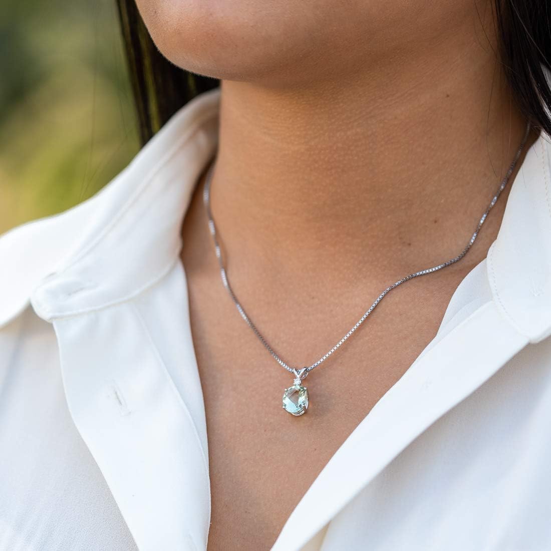 PEORA Green Amethyst with Genuine Diamond Pendant in 14K White Gold, Elegant Solitaire, Oval Shape, 10x8mm, 2.30 Carats total, 100% Natural & Real, Sparkling Green Amethyst Necklace, w/Jewelry Box