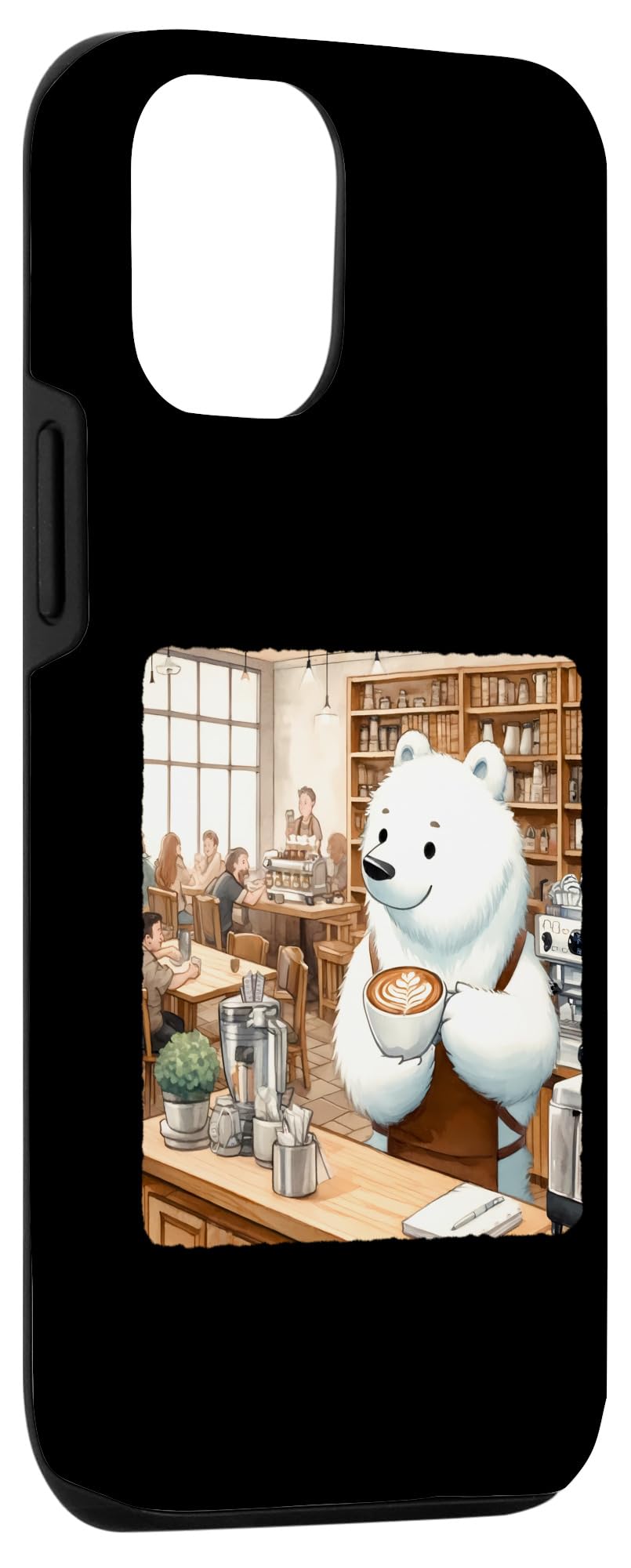 iPhone 13 Ice Bear Barista Making Latte Art. Cafe Bookshelves Patrons Case - Image 3