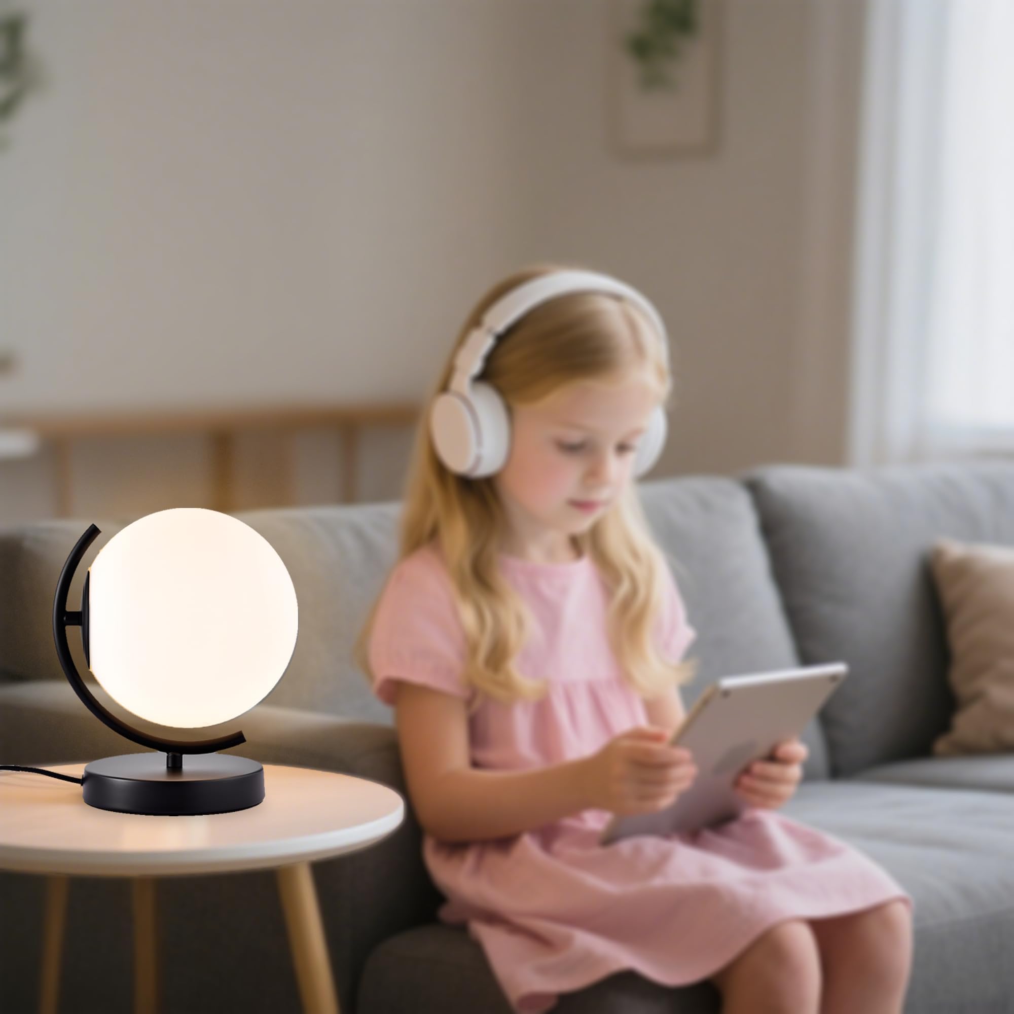 Alighting Tischlampe Schwarz, Opalglas Kugelleuchte Innen | Nachttischlampe Kugel Vintage Tischleuchte für Schlafzimmer , Wohnzimmer, E14