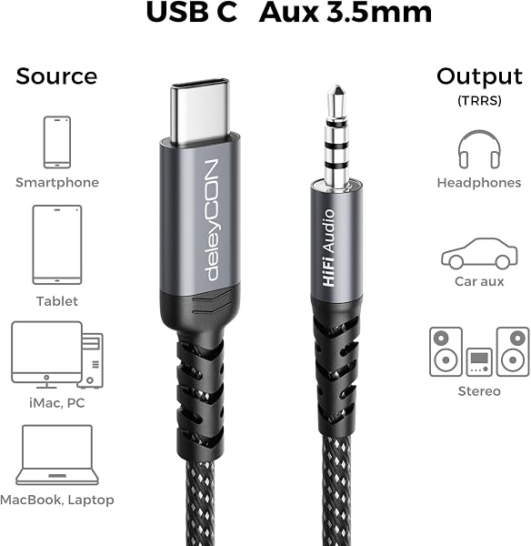 deleyCON 0,5m Adattatore Audio USB‑C a 3,5 mm - USB‑C Maschio a Jack 3,5 mm Maschio - per Cuffie, Altoparlanti e Sistemi Hi‑Fi - Compatibile con iPhone 17/16/15, iPad, Galaxy S25/S24/A16/A56 - 2