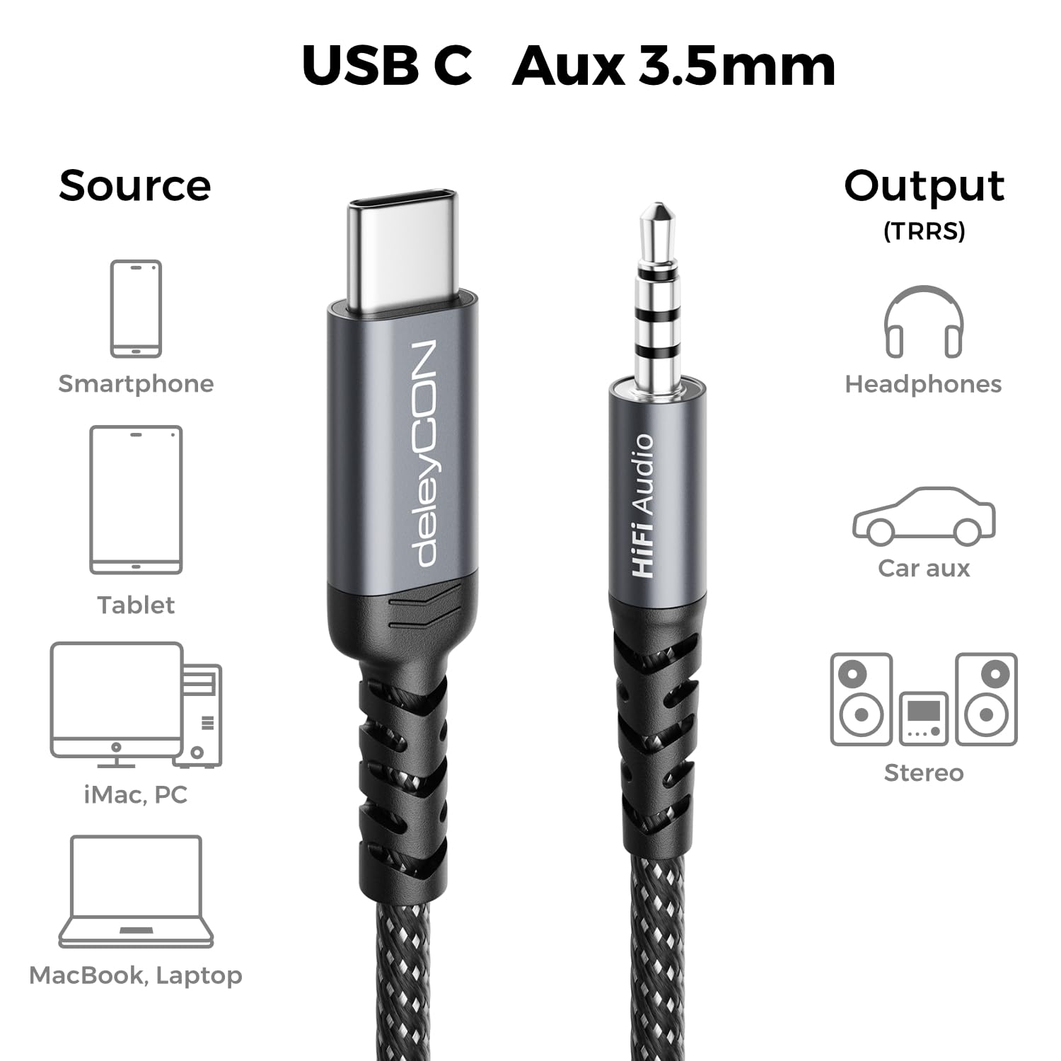 deleyCON 1m Adattatore Audio USB‑C a 3,5 mm - USB‑C Maschio a Jack 3,5 mm Maschio - per Cuffie, Altoparlanti e Sistemi Hi‑Fi - Compatibile con iPhone 17/16/15, iPad, Galaxy S25/S24/A16/A56 - 3