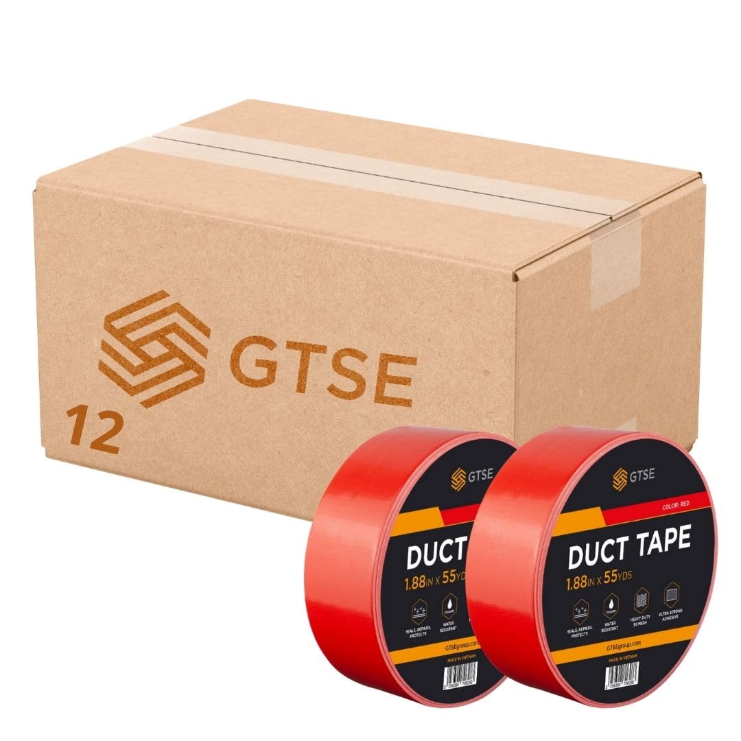 GTSE Red Duct Tape, 48mm x 50m, 2” Waterproof Strong Adhesive Gaffer Tape for Patching, Sealing, Securing Cables and Labelling, Heavy Duty Tape, 12 Rolls