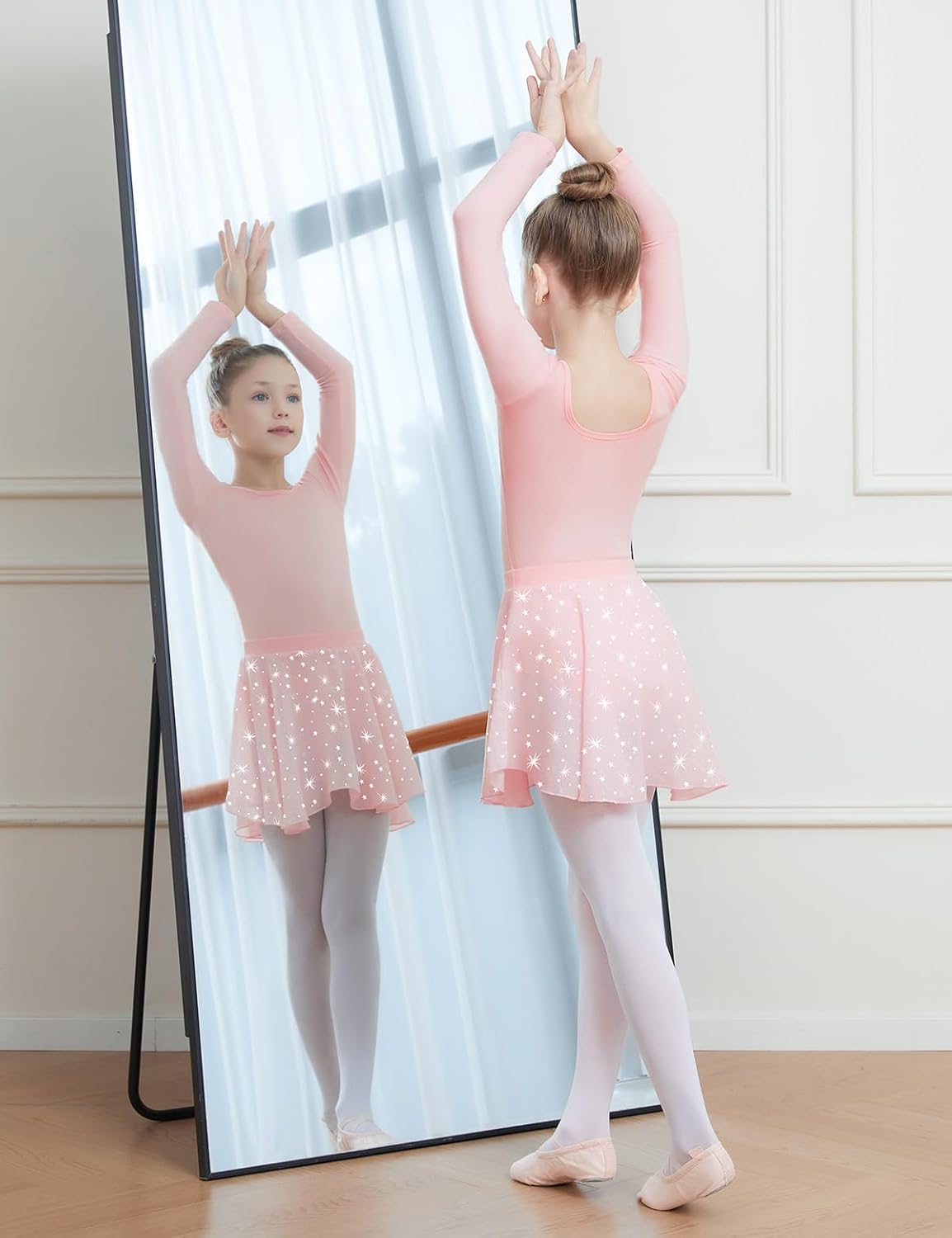DIPUG Long Sleeve Ballet Leotards for Girls Dance Dress Removable Skirt with Shiny Star - Image 5