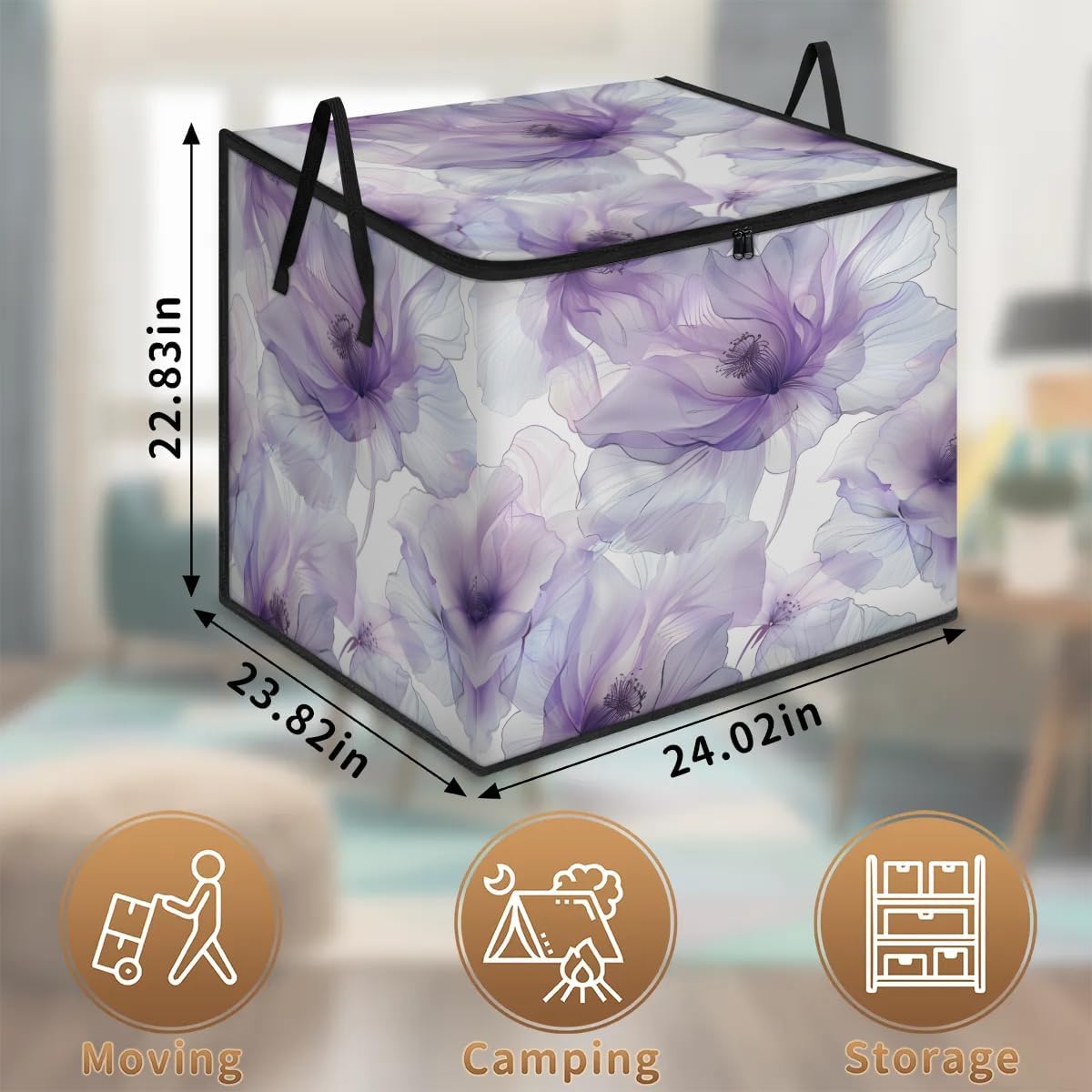 Honeybaby 214L Extra Large Comforter Storage Bag Flowers Purple Abstract Storage Totes with Lids Waterproof Closet Organizer Folding Blanket Storage Bags for Clothes Bedding Pillows