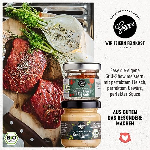 Gepp’s Feinkost Grilling me softly I Männergeschenk mit Gewürzen & BBQ Saucen I Grillgeschenk für Männer I Geschenk mit Spezialitäten wie Magic Spice Gewürz & Whiskey Pfeffer Sauce