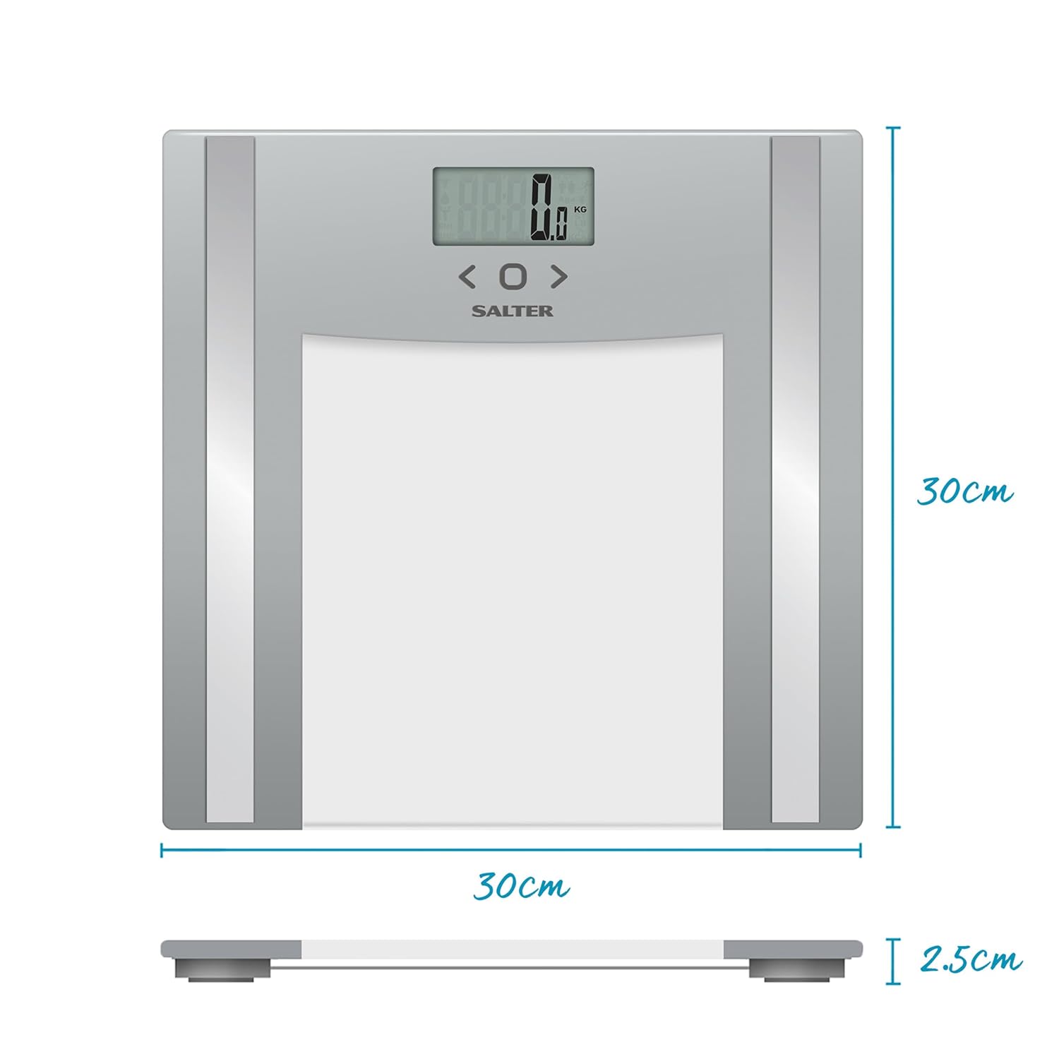 A diagram showing the dimensions of the Salter Glass Analyser Bathroom Scale: 30cm x 30cm x 2.5cm.