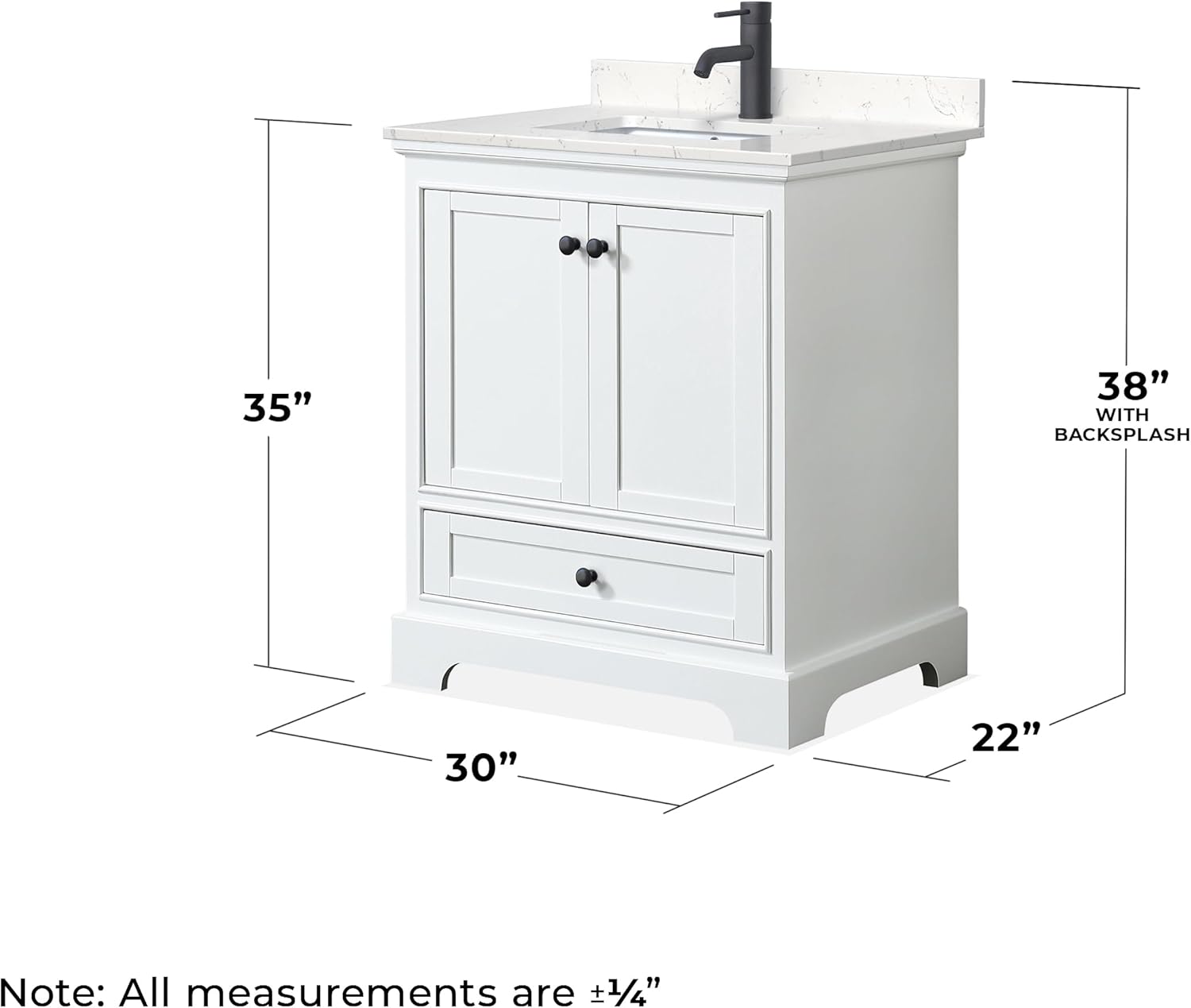 Wyndham Collection Deborah 30 Inch Single Bathroom Vanity in White, Carrara Cultured Marble Countertop, Undermount Square Sink, Matte Black Trim