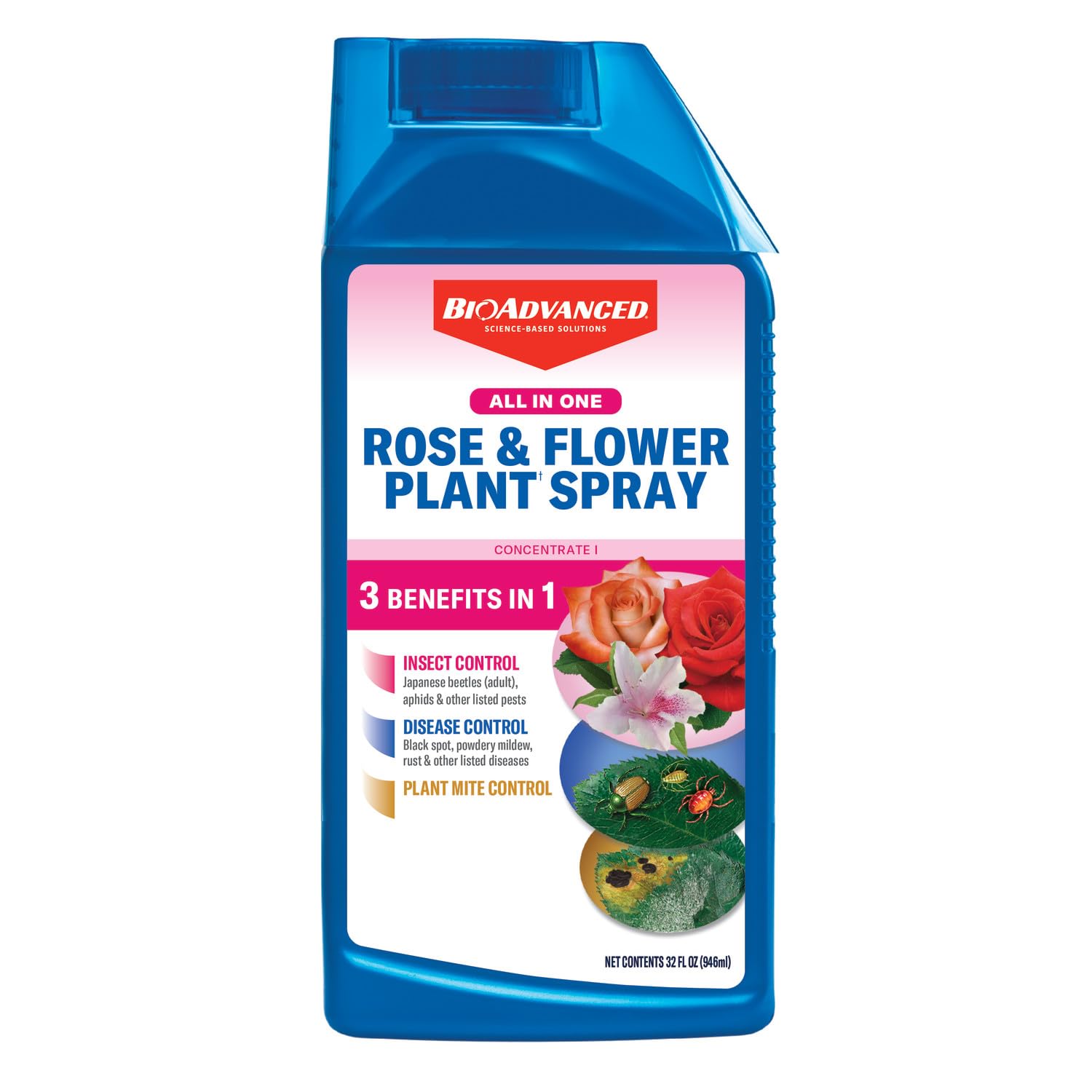 BioAdvanced All-in-One Rose & Flower Plant Care, Concentrate, 32 Ounce, Aphid Spray for Outdoor Plants, Fungicide for Plants