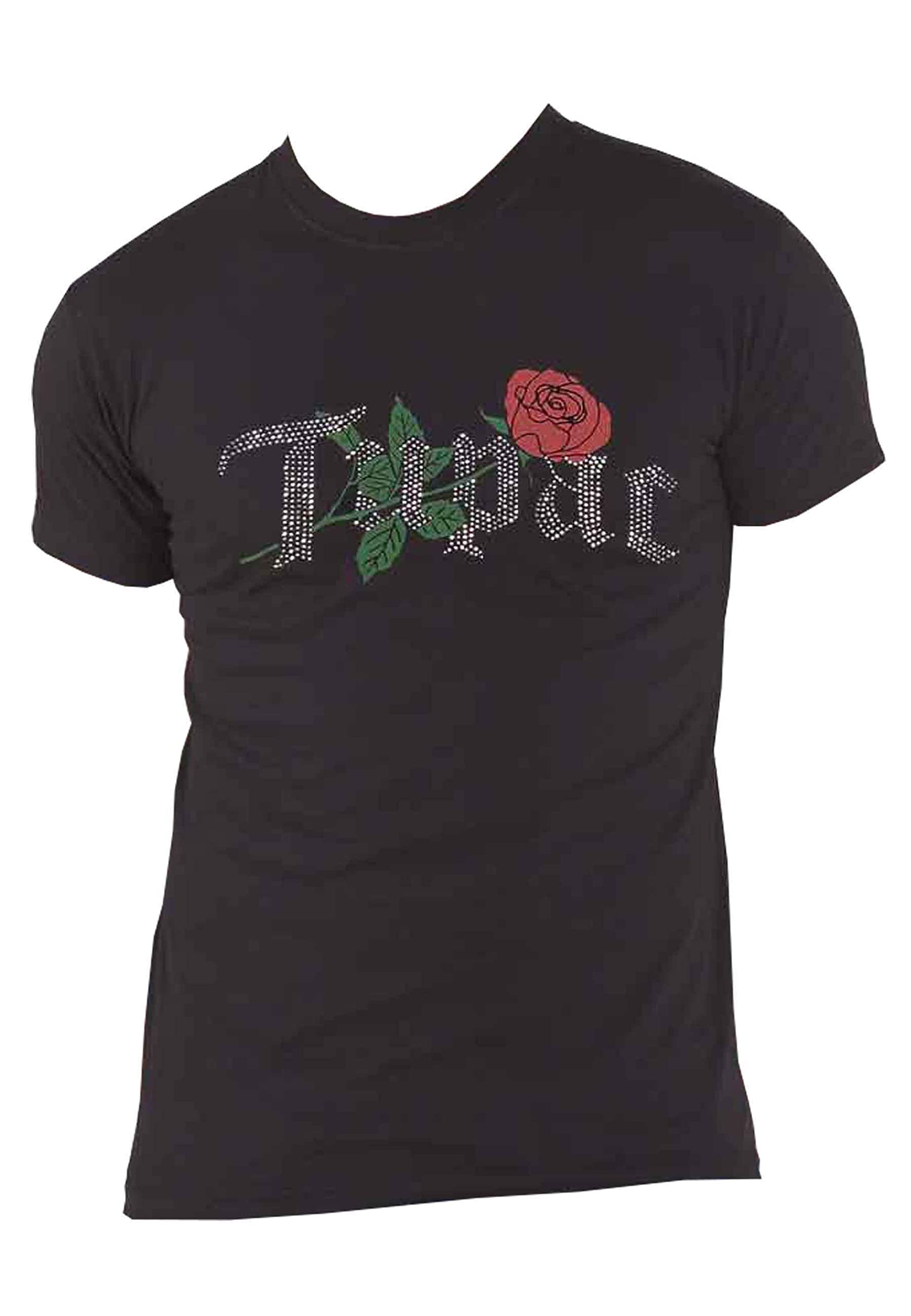 Official Tupac 'Rose Logo' T-Shirt Unisex - Black With Silver Diamante Rhinestones