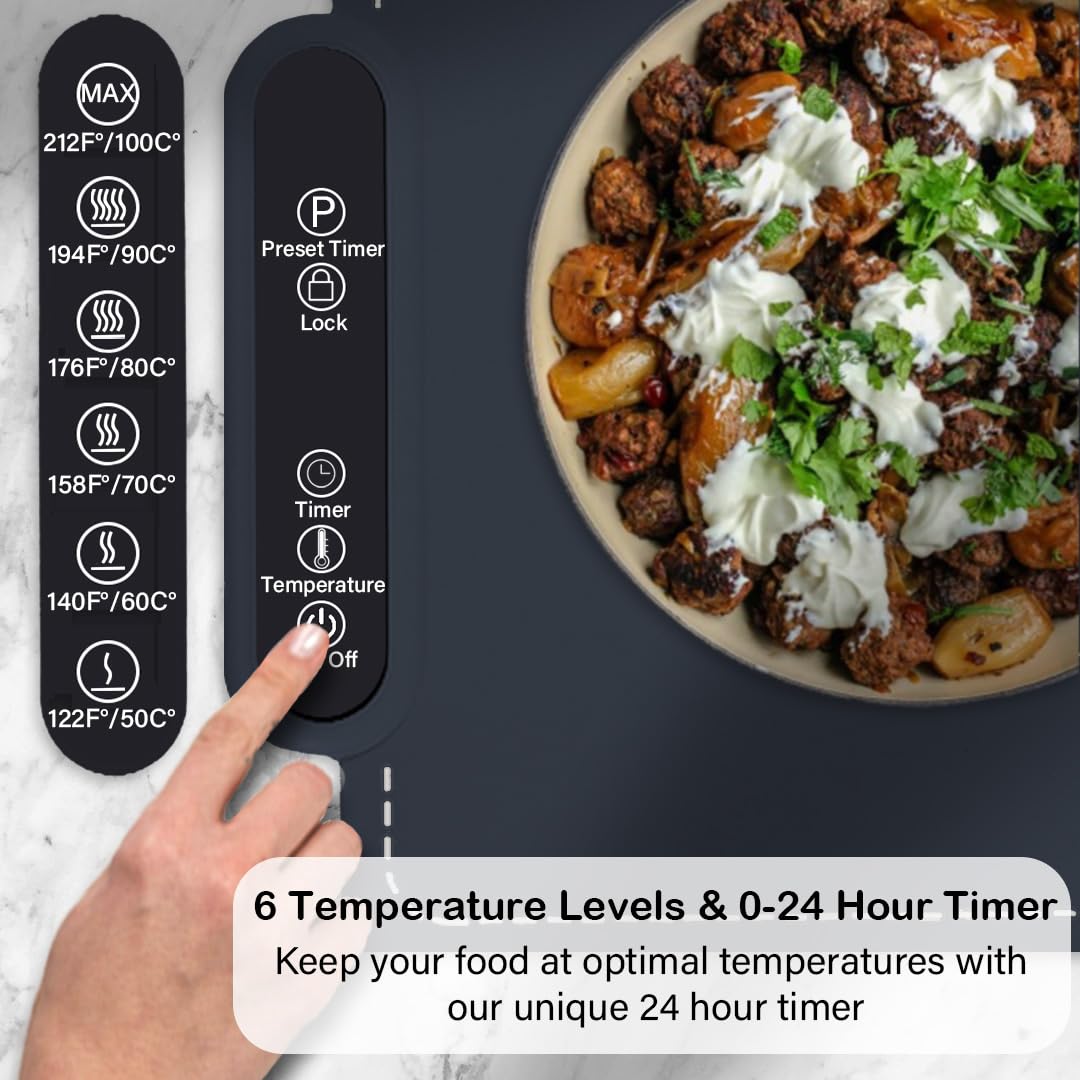 Food Warming Mat - Fast Heating Silicone Electric Warming Tray with 6 Level Temperature, 1-24Hr Options, Premium Silicone Nano-Material, Rollable & Portable Food Warmer for Parties Home Travel