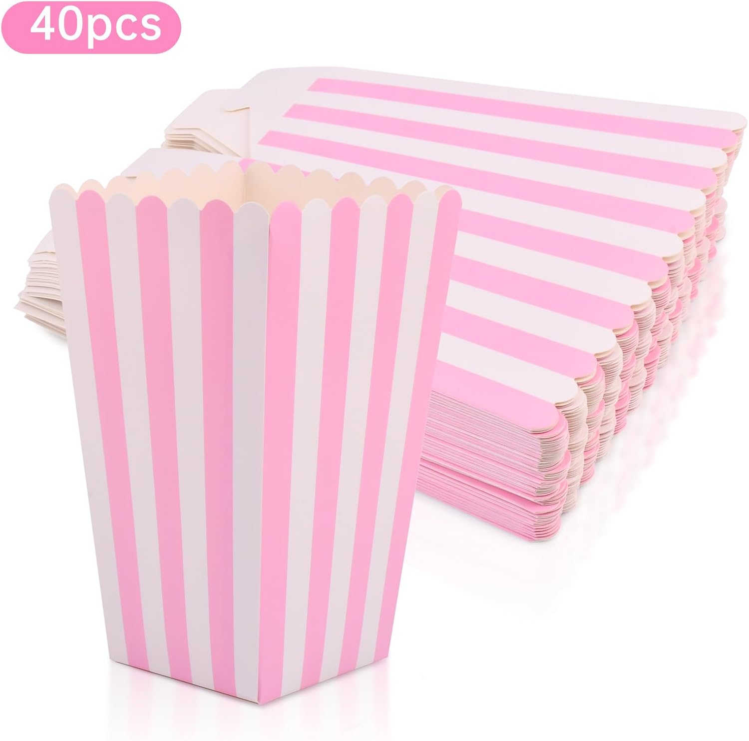 40 Pcs Paper Popcorn Boxes, White Striped Paper Popcorn Bags Candy Containers for Birthday Party Favor Supplies(Pink,SIZE:L, 6.5 x 3.5 inch)