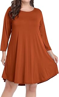 Womens Fall Dresses 3/4 Sleeve Plus Size Casual Swing Loose Tunic Dress with Pockets