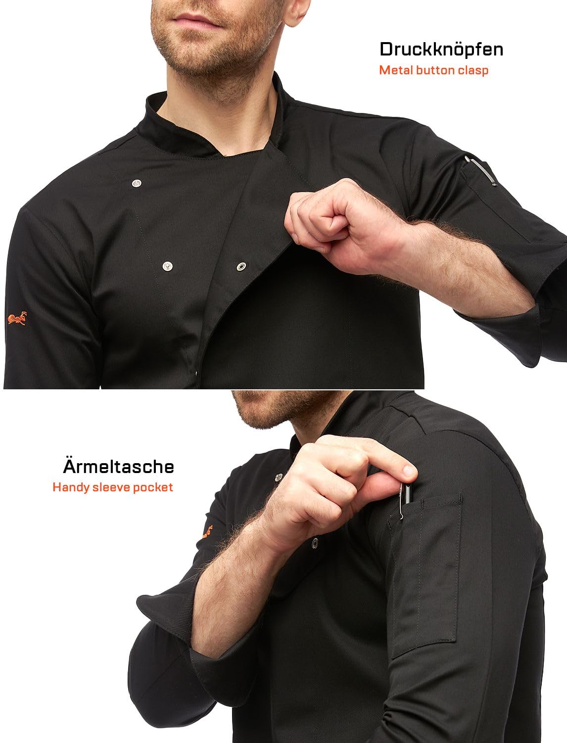 Veste de Cuisine Chef Homme Professionnel Manches Longues Noir Blanc Gris