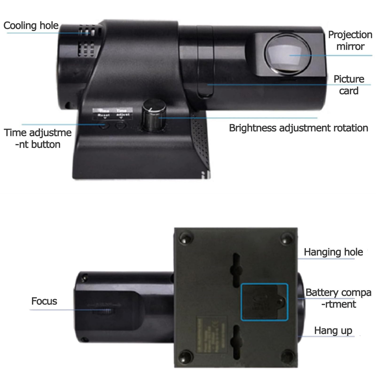 Sveglia con proiettore con Telecomando, Orologio analogico con proiezione a LED, quadrante con Numeri Romani e quadrante con Numeri Arabi commutabili, Rotazione di 180 Gradi,Black