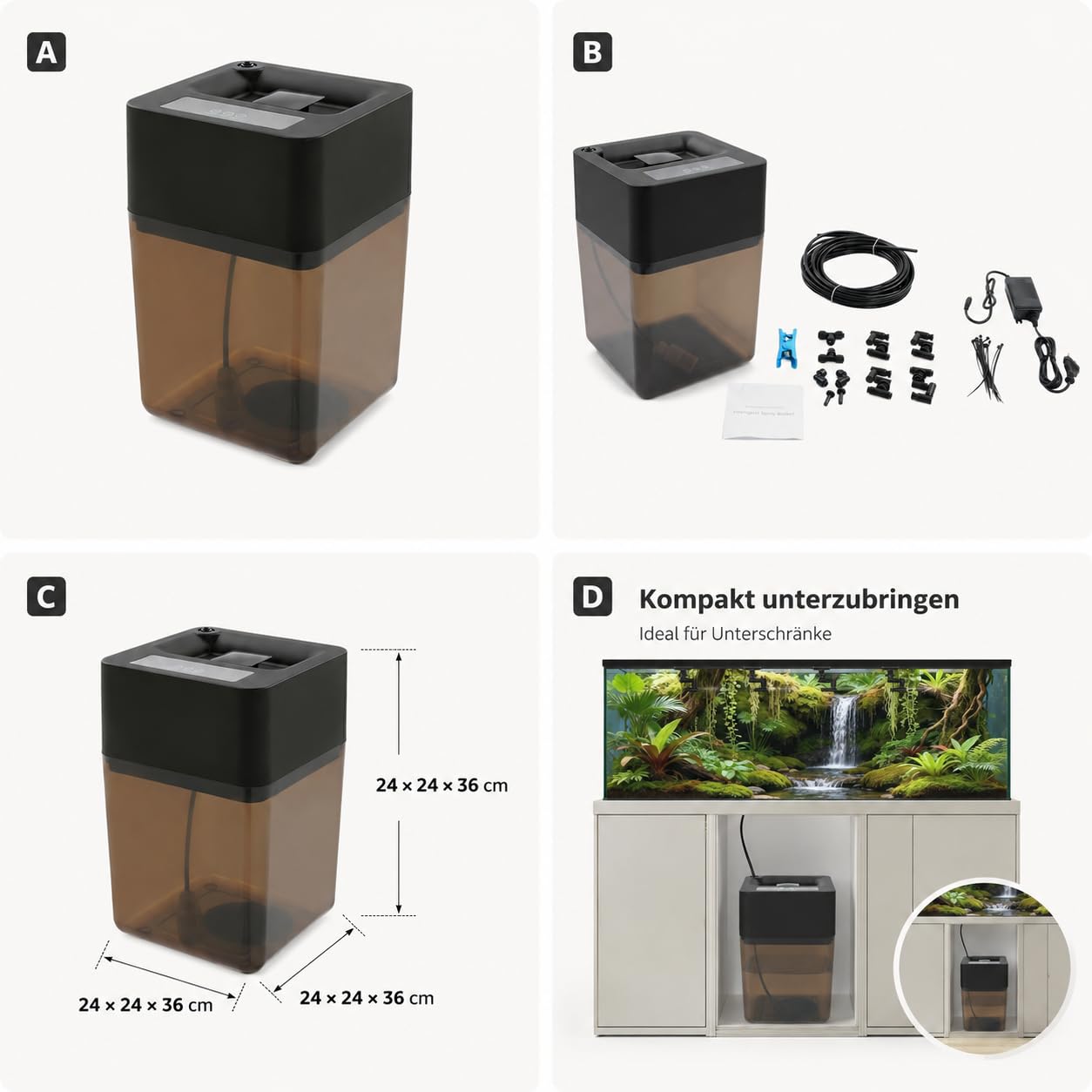 Terrarium Vernebler mit Timer,Automatischer Sprühapparat für Reptilien 12 L Wassertank, 4 Düsen,10 m Schlauch, für Terrarien
