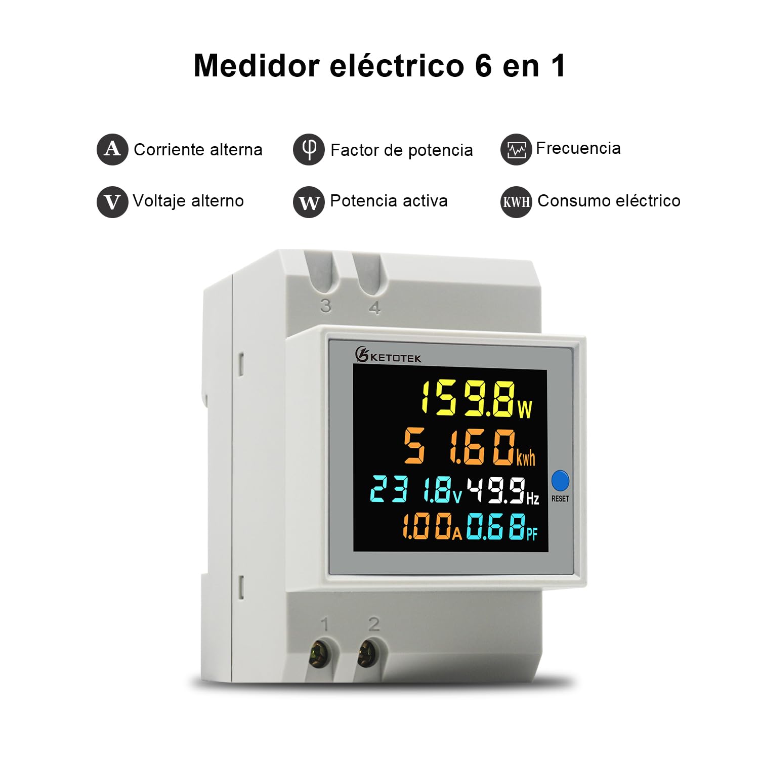 KETOTEK Medidor de Energía Digital 6 en 1 AC40-300V 100A Voltímetro Amperímetro Carril Din, Contador Eléctrico Monofásico Medición del Consumo de Voltaje Corriente Factor de Potencia Frecuencia