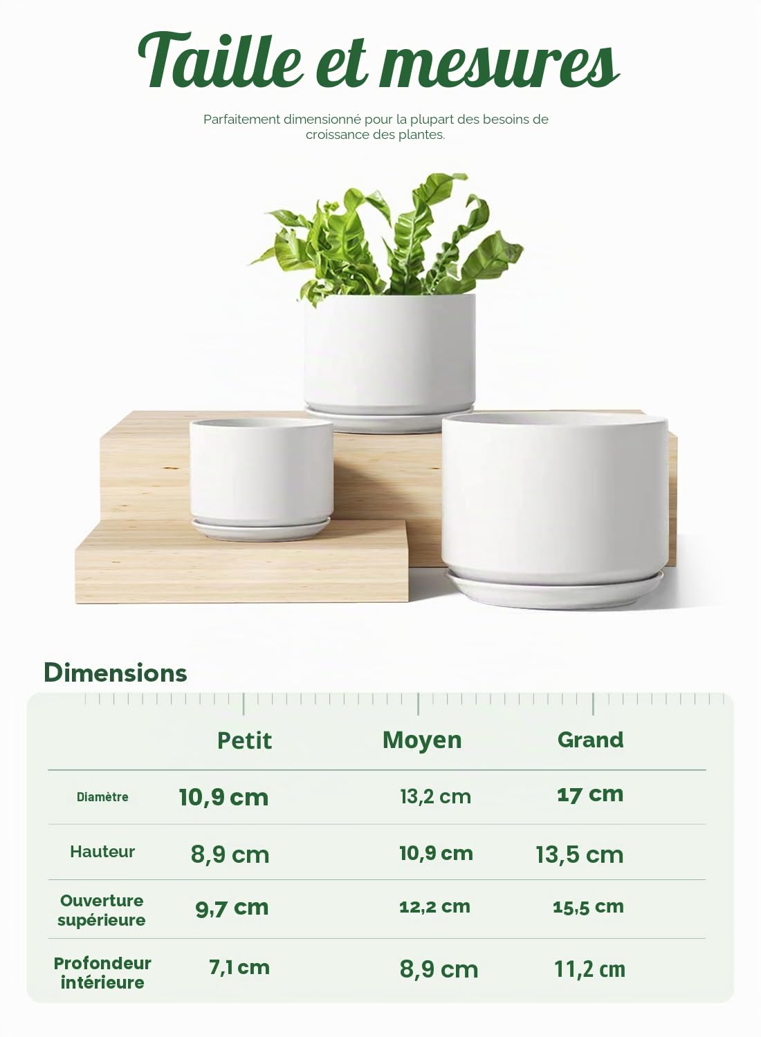 Le TAUCI Lot de 3 Pots de Fleurs en céramique avec Trou de Drainage et Soucoupe, 11,9 cm + 13,5 cm + 17,3 cm, pour intérieur – Blanc