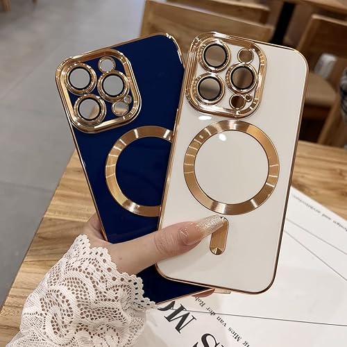 Miniatura 4 de OOK Magnatic - Funda para iPhone 15 Pro Max compatible con MagSafe protector completo de lente de cámara con borde galvanizado dorado, TPU suave, a