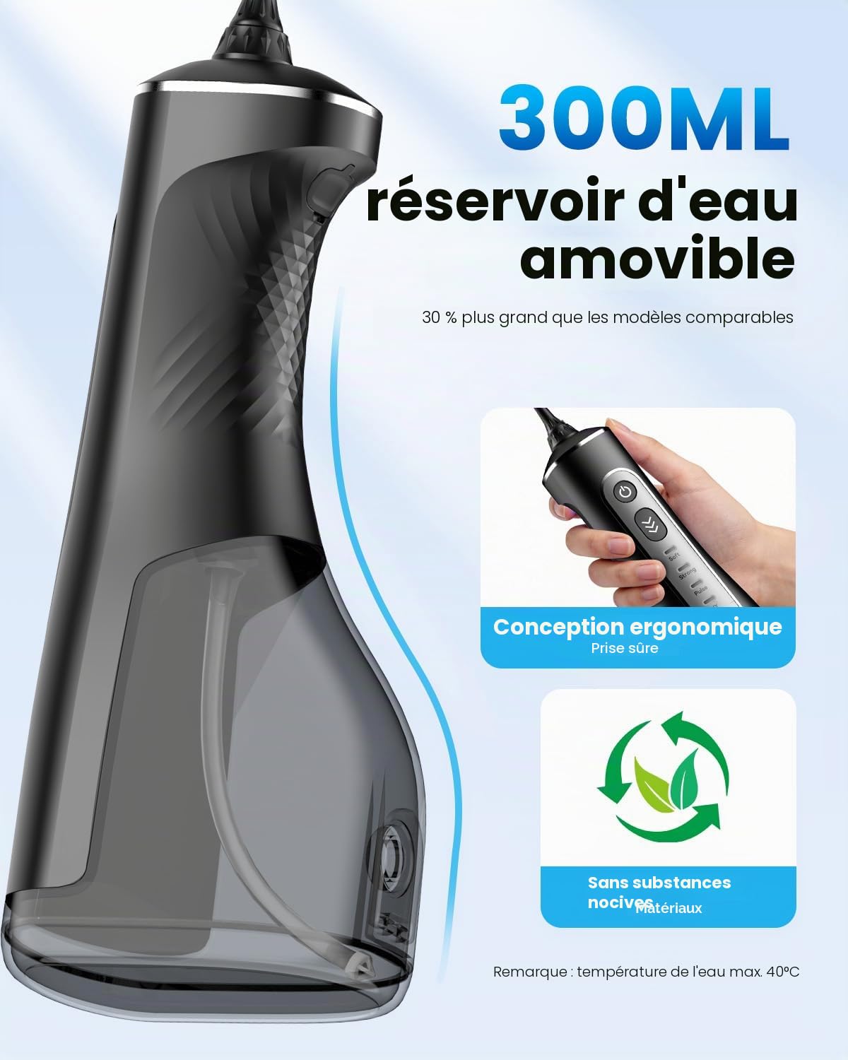 JTF Jet Dentaire Hydropulseur Oral - 300 ML Sans Fil Irrigateur, 3+1 Modes, Étanche IPX7 Water Flosser, Idéal pour Orthodontie, Appareil Dentaire, Gencives Sensibles Maison et Les Voyages(Noir)