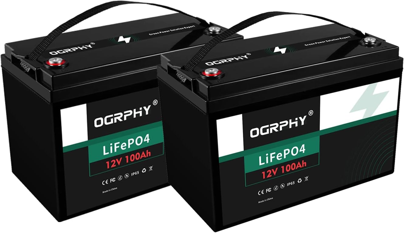 OGRPHY 2 Pack 12V 100Ah LiFePO4 Battery, 1280Wh Grade A Cells Lithium Battery with 100A BMS, Up to 5000+ Deep Cycles Battery for RV, Trolling Motor, Solar, Golf Cart, Marine and Off Grid Applications
