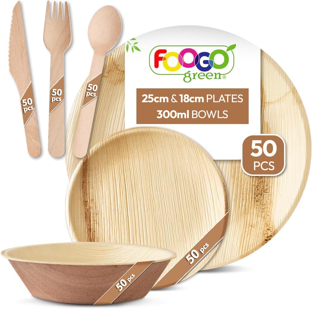 FOOGO Green 300pcs Disposable Palm Leaf Plates, Bowls and Wooden Cutlery Set, FSC® Certified, 50x Large Round, 50x Small Side Plates, 50x Bowls, 50x Forks, 50x Knives, 50x Spoons, Ecofriendly