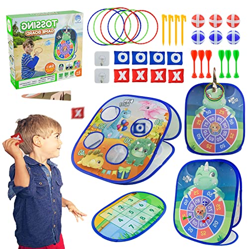 Coriver Jeu de Lancer de Sacs pour Enfants, 5 en 1 Jeux de Jardin Lancer de Carnaval, Jeu de Lancer d'anneaux et Jeu de société, Jeux de Plein air pour Anniversaire et Fête-Blue Cover