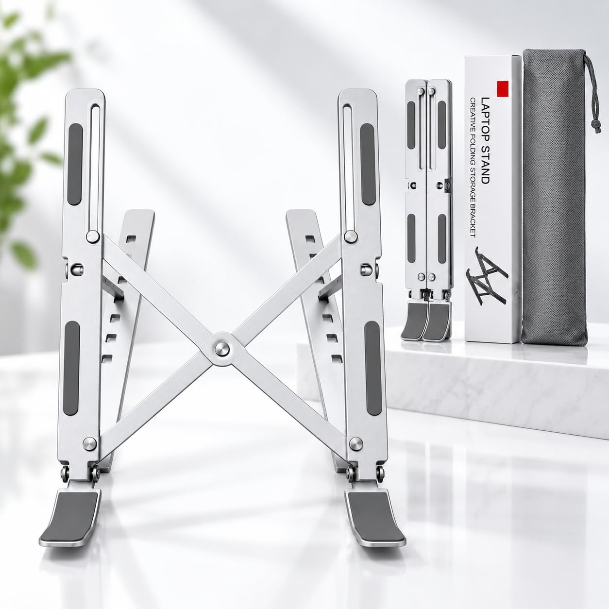 foldable laptop stand, adjustable aluminum laptop riser | multi-angle height adjustment, anti-slip silicone pads, portable ergonomic notebook holder, carry pouch included