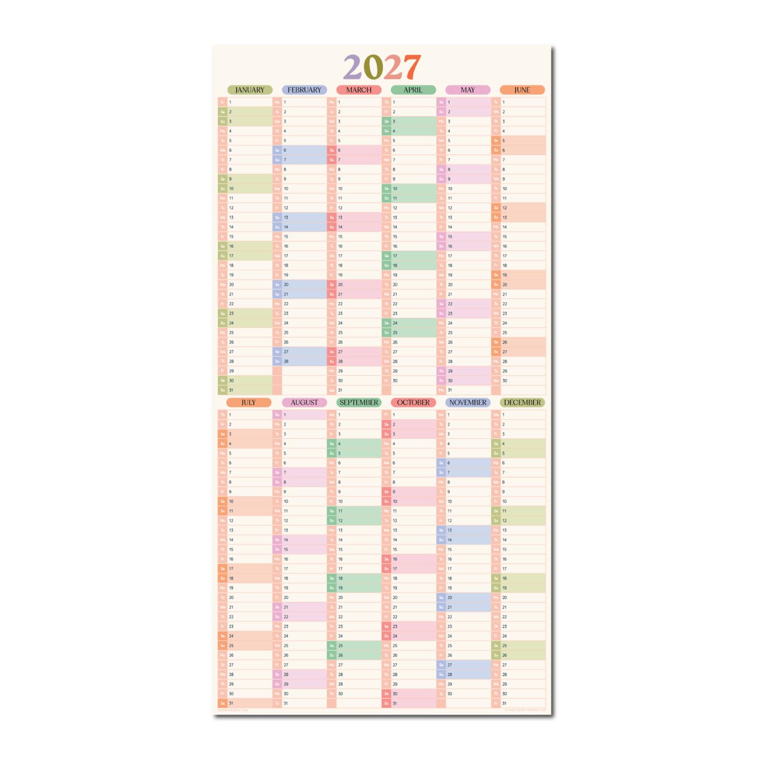 Good Tuesday Compact Wall Planner 2027, Soft Colourful Calendar, Week Numbers, Moon Phases, Recycled Paper, Made in the UK, Portrait Design, 30 x 60 cms (Pastel)