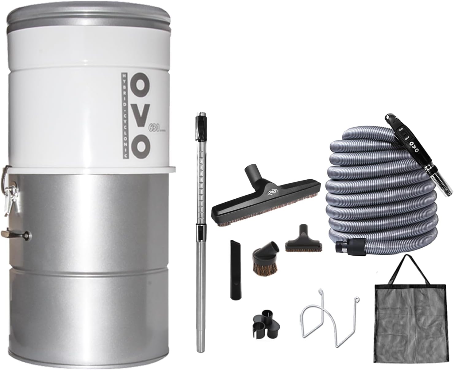 OVO Large and Powerful Central Vacuum System, Hybrid Filtration (With or Without disposable bags), 25L or 6.6 Gal, 630 Air watts with 40 ft Deluxe Accessory Kit included