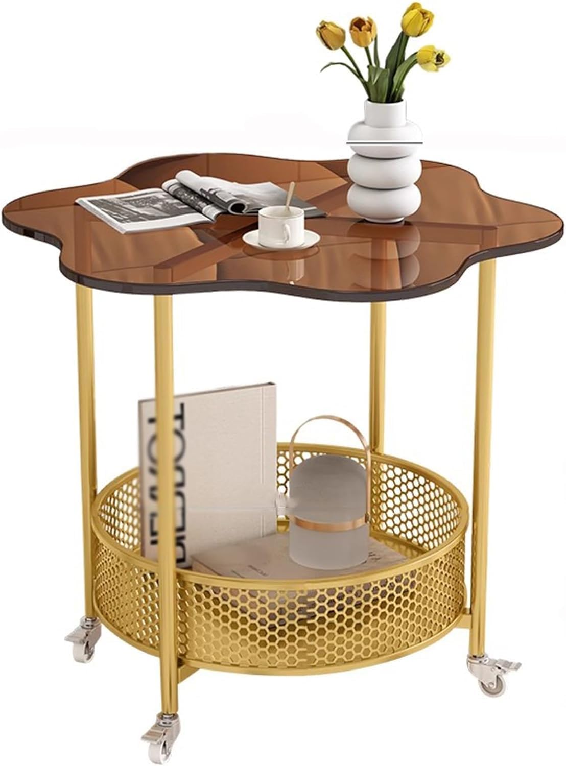 Aimery Office End Table 2 Tier Mobile Sofa Side Table, Storage Coffee Table Round Storage Basket, Beside Table for Balcony Living Room Office (Color : A)