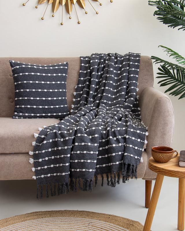 Image of Black White Tribal Stripe Sofa Throw 50x70 Inches with 2 pcs Cushion Covers - Pack of 3 (1 Sofa Throw + 2 Cushion Cover)