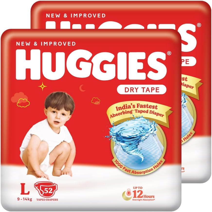 Huggies Complete Comfort Dry Tape Large (L) Size Baby Tape Diapers, Combo Pack of 2, 104 count, with 5 in 1 Comfort (52 Count, Pack of 2)