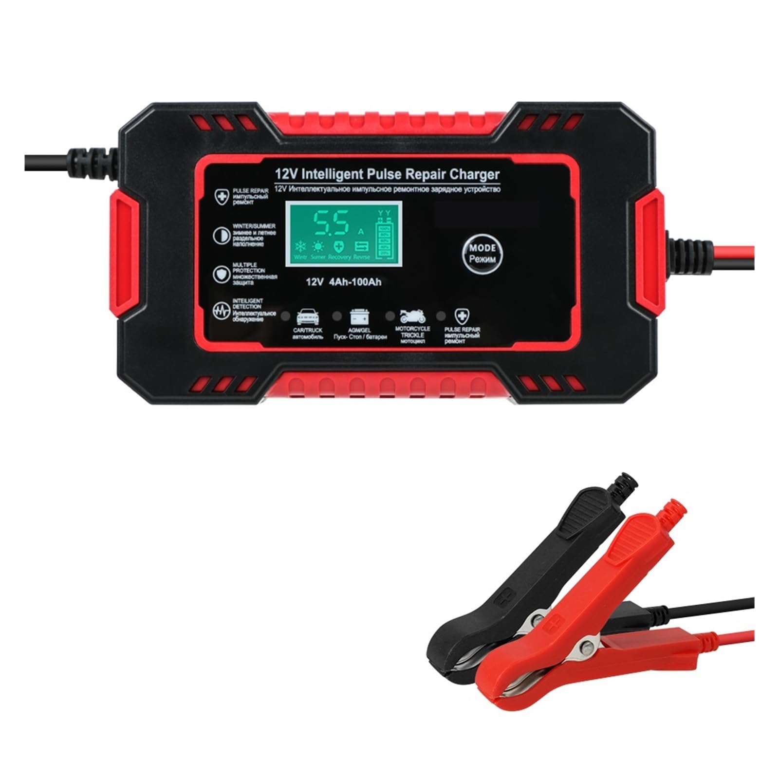 Cargador De Batería Coche, Pantalla LCD Carga Rápida, Reparación Pulso Potencia For Auto Moto, Gel Plomo Seco Húmedo 12V 6A Potente Carga Rápida(Red)