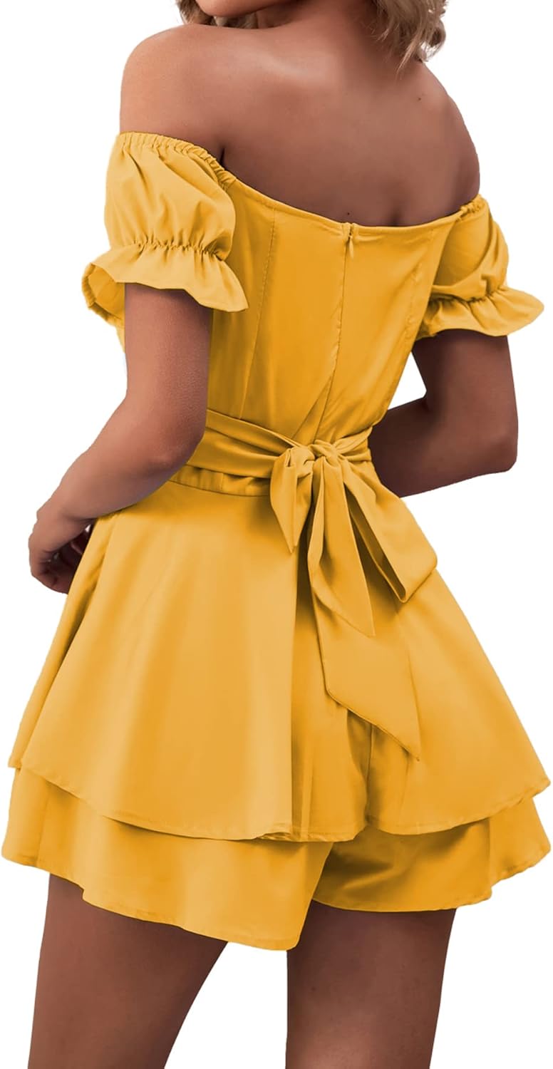 LYANER Women's Off Shoulder Wrap Tie Up Back Ruffle Short Sleeve Romper Short Jumpsuit - Image 5
